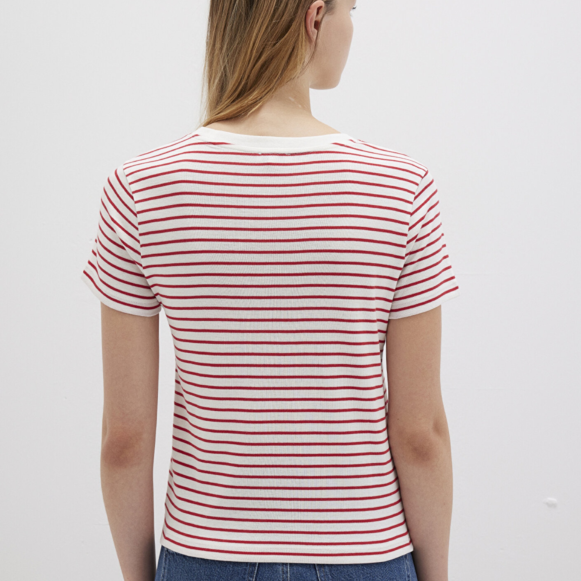 Mavi Bisiklet Yaka Çizgili Kırmızı Tişört Slim Fit / Dar Kesim 1612881-86680