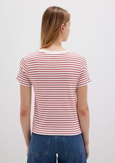  Mavi Bisiklet Yaka Çizgili Kırmızı Tişört Slim Fit / Dar Kesim 1612881-86680