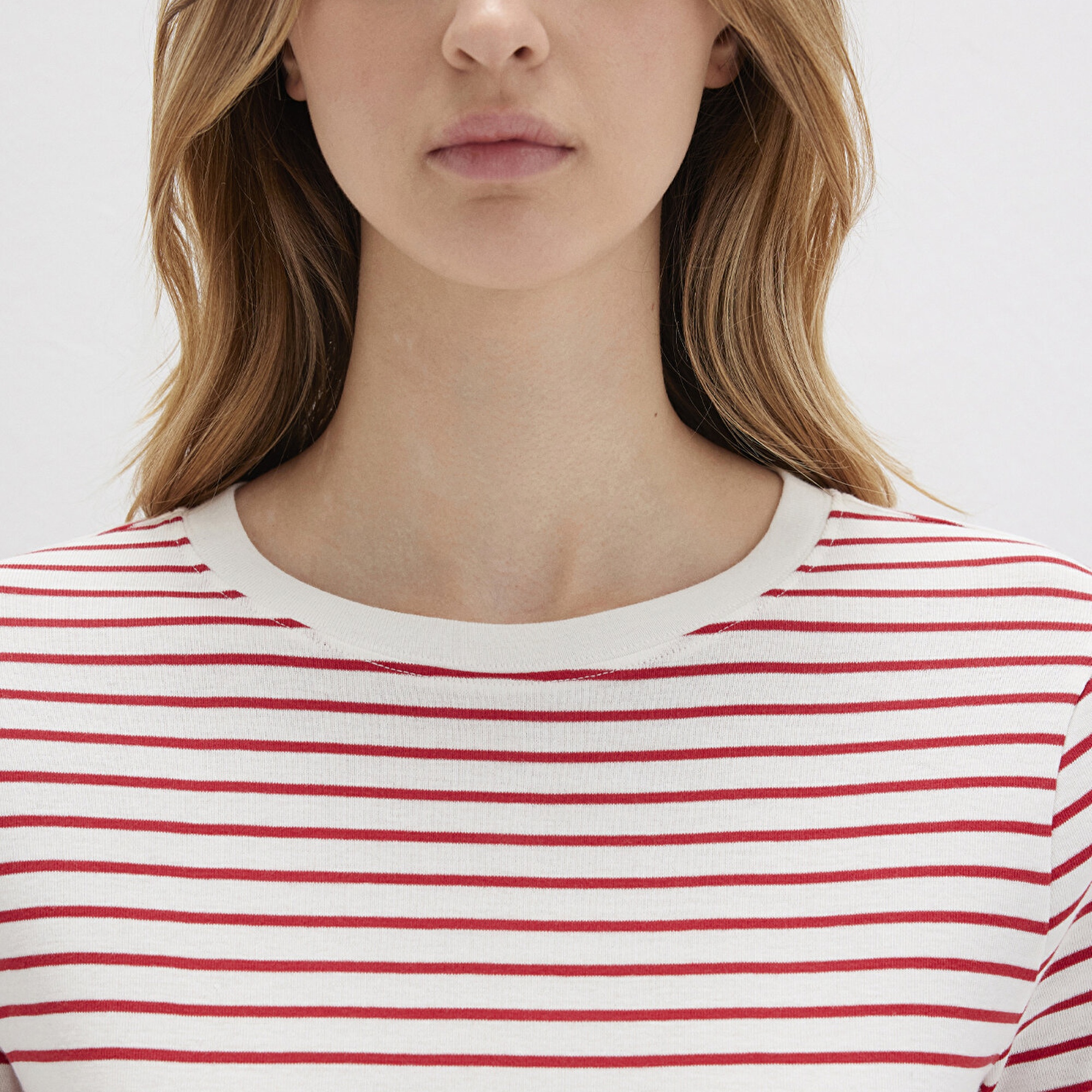 Mavi Bisiklet Yaka Çizgili Kırmızı Tişört Slim Fit / Dar Kesim 1612881-86680