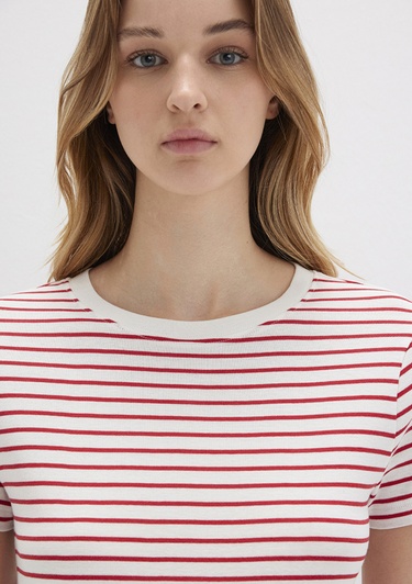  Mavi Bisiklet Yaka Çizgili Kırmızı Tişört Slim Fit / Dar Kesim 1612881-86680