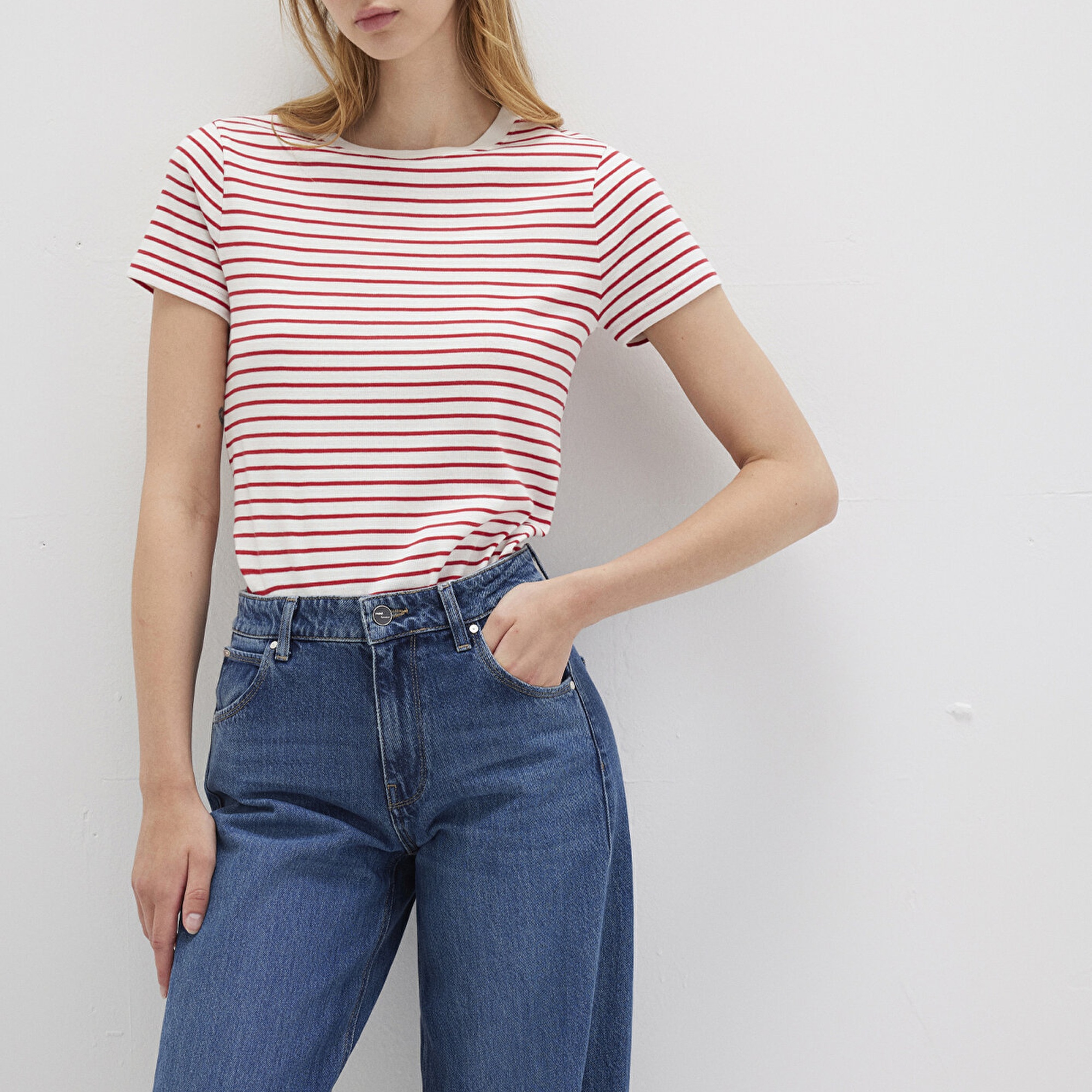 Mavi Bisiklet Yaka Çizgili Kırmızı Tişört Slim Fit / Dar Kesim 1612881-86680