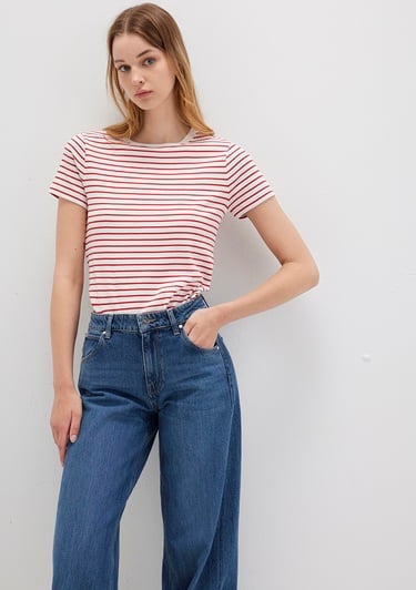  Mavi Bisiklet Yaka Çizgili Kırmızı Tişört Slim Fit / Dar Kesim 1612881-86680