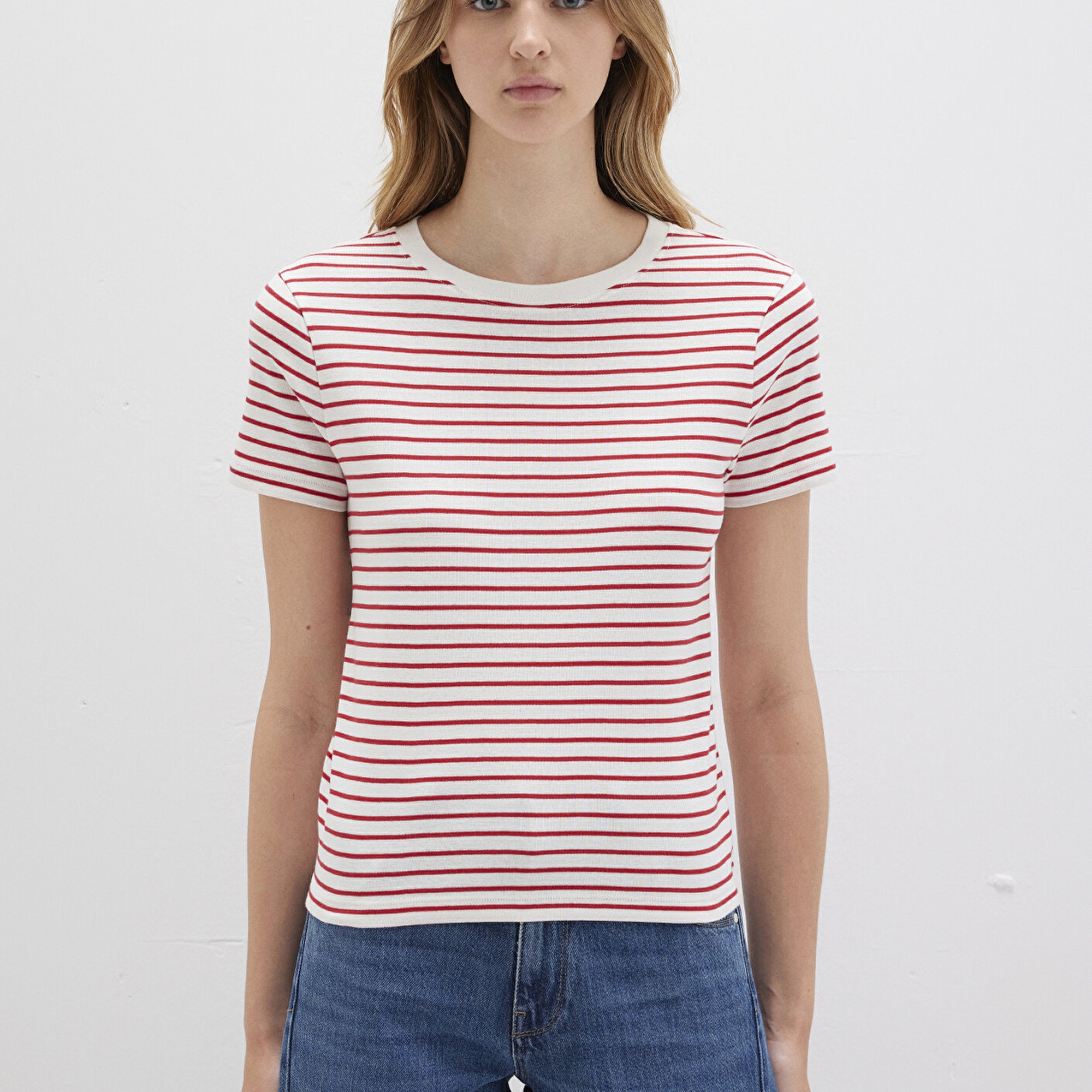 Mavi Bisiklet Yaka Çizgili Kırmızı Tişört Slim Fit / Dar Kesim 1612881-86680