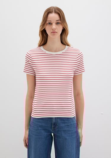  Mavi Bisiklet Yaka Çizgili Kırmızı Tişört Slim Fit / Dar Kesim 1612881-86680