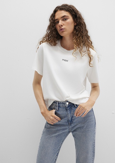  Mavi Mavi Logo Baskılı Beyaz Tişört Loose Fit / Bol Rahat Kesim 1612829-80194