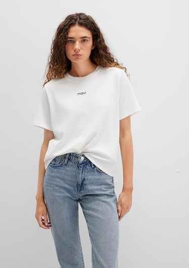  Mavi Mavi Logo Baskılı Beyaz Tişört Loose Fit / Bol Rahat Kesim 1612829-80194