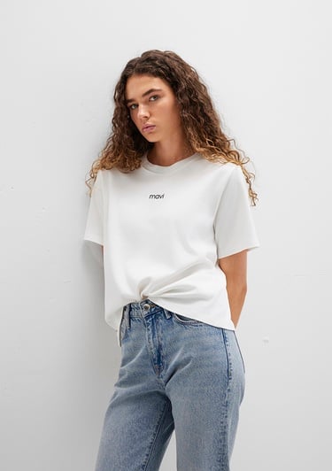  Mavi Mavi Logo Baskılı Beyaz Tişört Loose Fit / Bol Rahat Kesim 1612829-80194