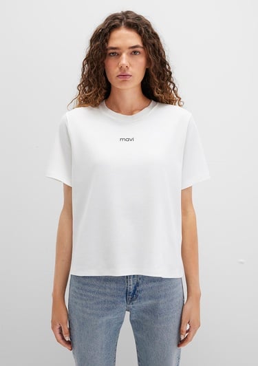  Mavi Mavi Logo Baskılı Beyaz Tişört Loose Fit / Bol Rahat Kesim 1612829-80194