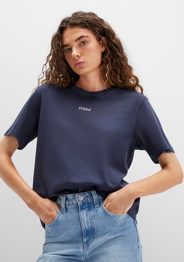  Mavi Mavi Logo Baskılı Lacivert Tişört Loose Fit / Bol Rahat Kesim 1612829-85315