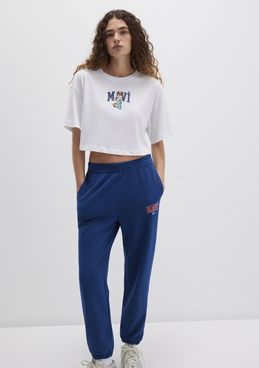  Mavi Kedi Logo Baskılı Beyaz Tişört Crop / Kısa Kesim 1613284-620