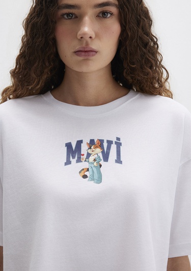  Mavi Kedi Logo Baskılı Beyaz Tişört Crop / Kısa Kesim 1613284-620