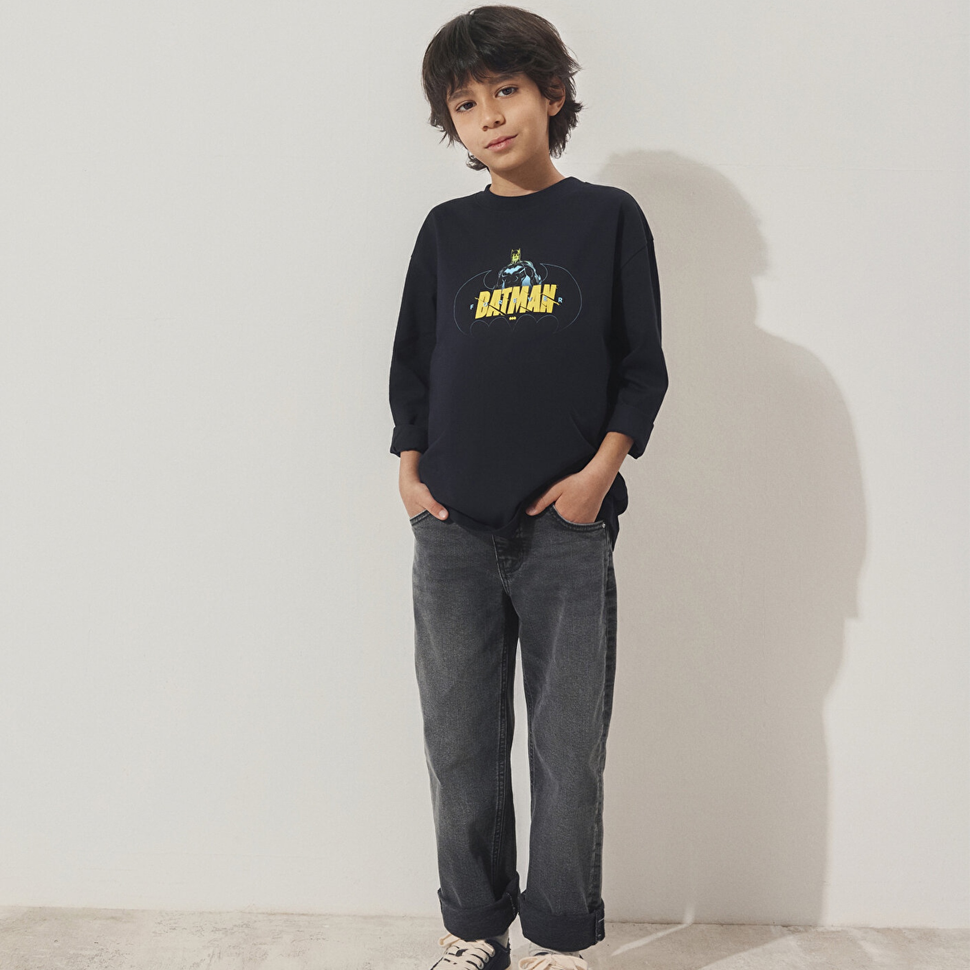 Mavi Batman Baskılı Siyah Tişört Loose Fit / Bol Rahat Kesim 6610294-900