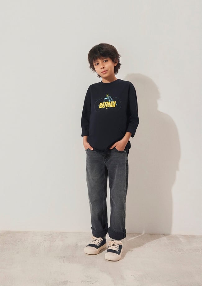  Mavi Batman Baskılı Siyah Tişört Loose Fit / Bol Rahat Kesim 6610294-900