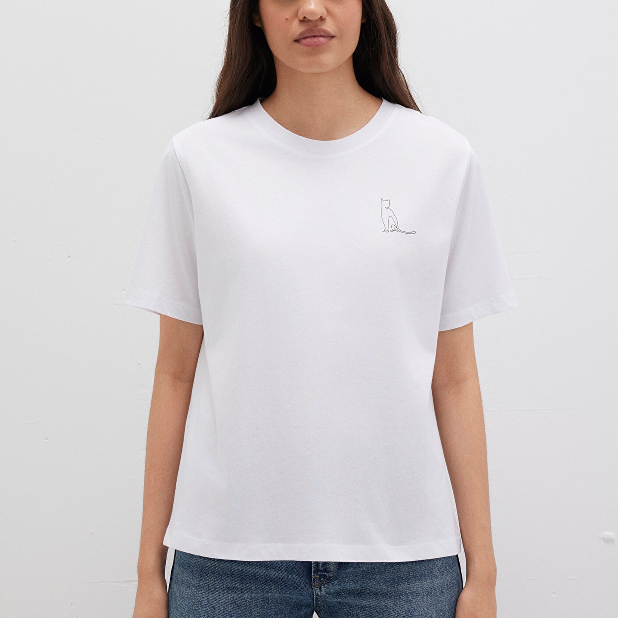 Mavi Kedi Baskılı Beyaz Tişört Regular Fit / Normal Kesim 1612298-620