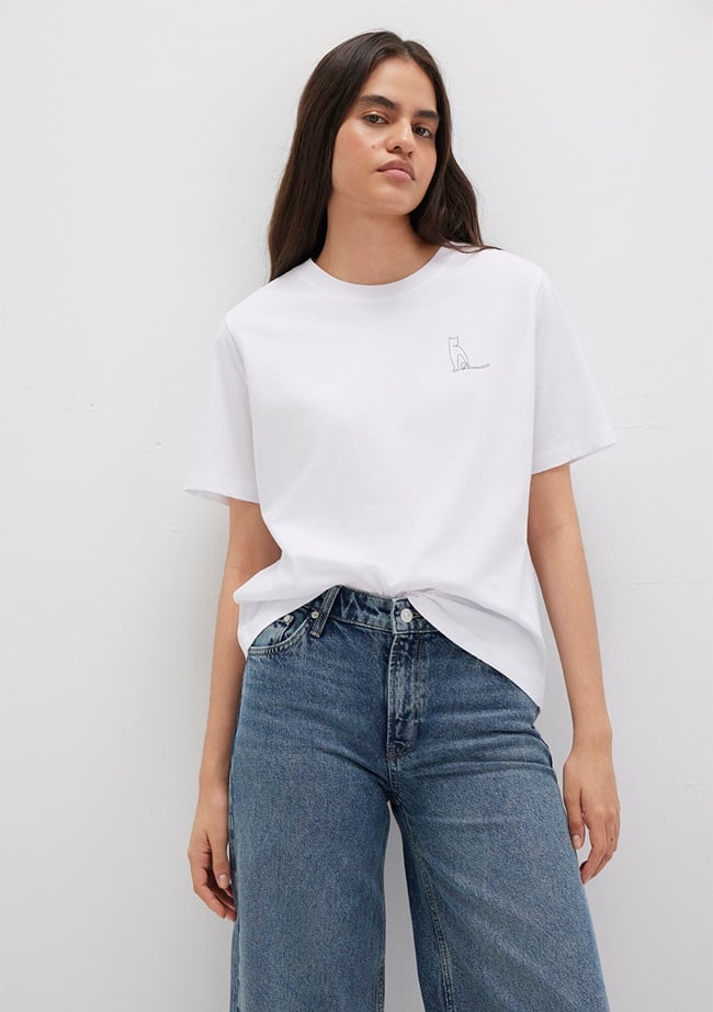  Mavi Kedi Baskılı Beyaz Tişört Regular Fit / Normal Kesim 1612298-620