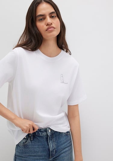  Mavi Kedi Baskılı Beyaz Tişört Regular Fit / Normal Kesim 1612298-620