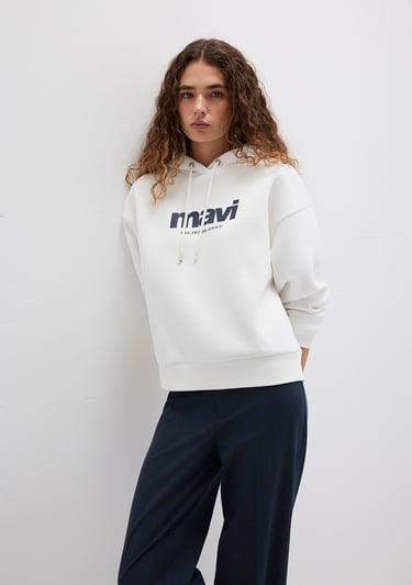  Mavi Mavi Logo Baskılı Kapüşonlu Ekru Sweatshirt 168334-81964