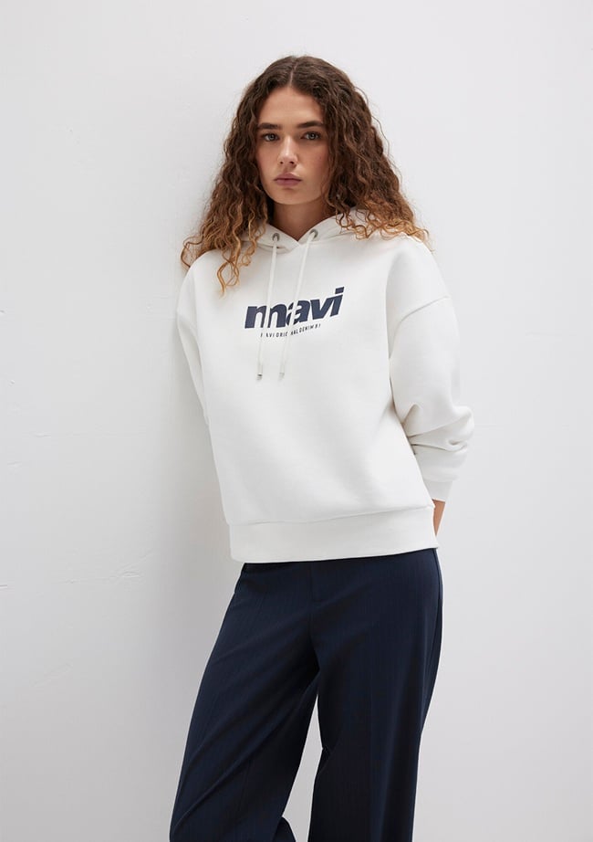  Mavi Mavi Logo Baskılı Kapüşonlu Ekru Sweatshirt 168334-81964