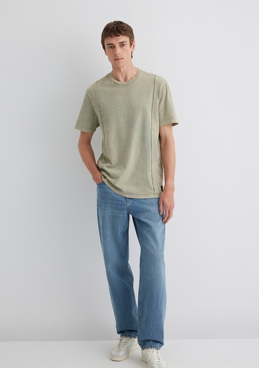  Mavi Dikiş Detaylı Yeşil Tişört Loose Fit / Bol Rahat Kesim 0612490-70100