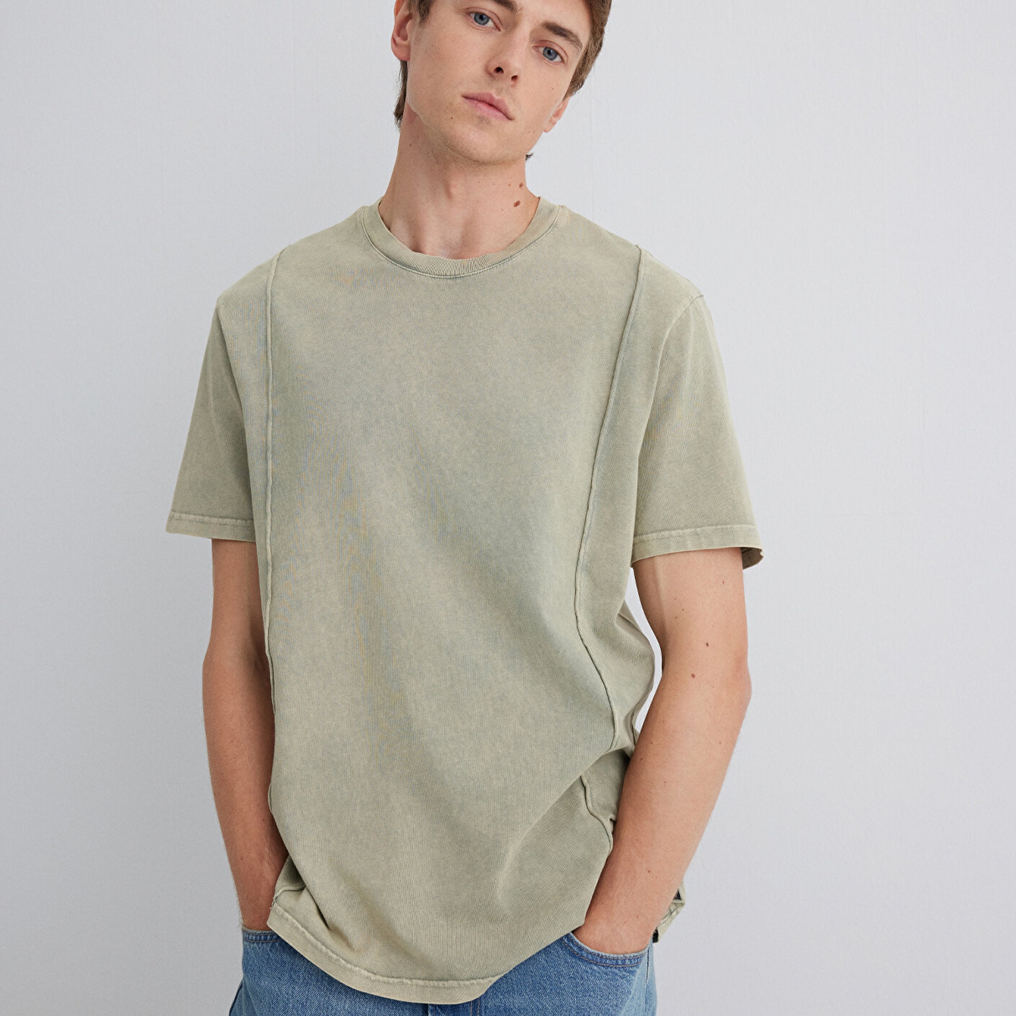 Mavi Dikiş Detaylı Yeşil Tişört Loose Fit / Bol Rahat Kesim 0612490-70100