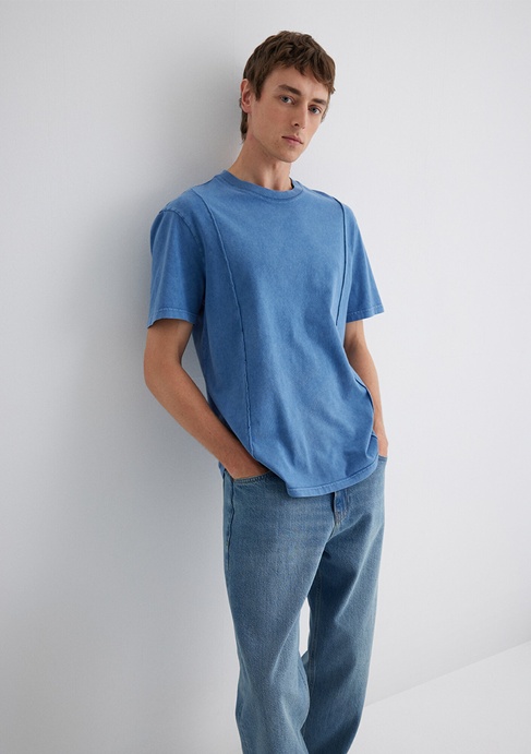  Mavi Dikiş Detaylı Mavi Tişört Loose Fit / Bol Rahat Kesim 0612490-70719