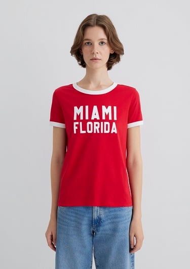  Mavi Florida Baskılı Beyaz Biyeli Kırmızı Tişört Slim Fit / Dar Kesim 1613062-70467