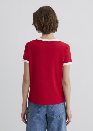  Mavi Florida Baskılı Beyaz Biyeli Kırmızı Tişört Slim Fit / Dar Kesim 1613062-70467