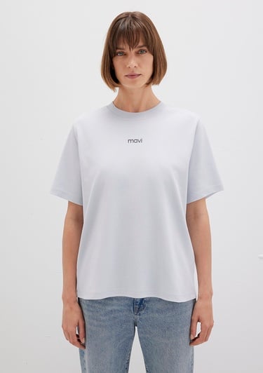  Mavi Mavi Logo Baskılı Beyaz Tişört Loose Fit / Bol Rahat Kesim 1612829-89201