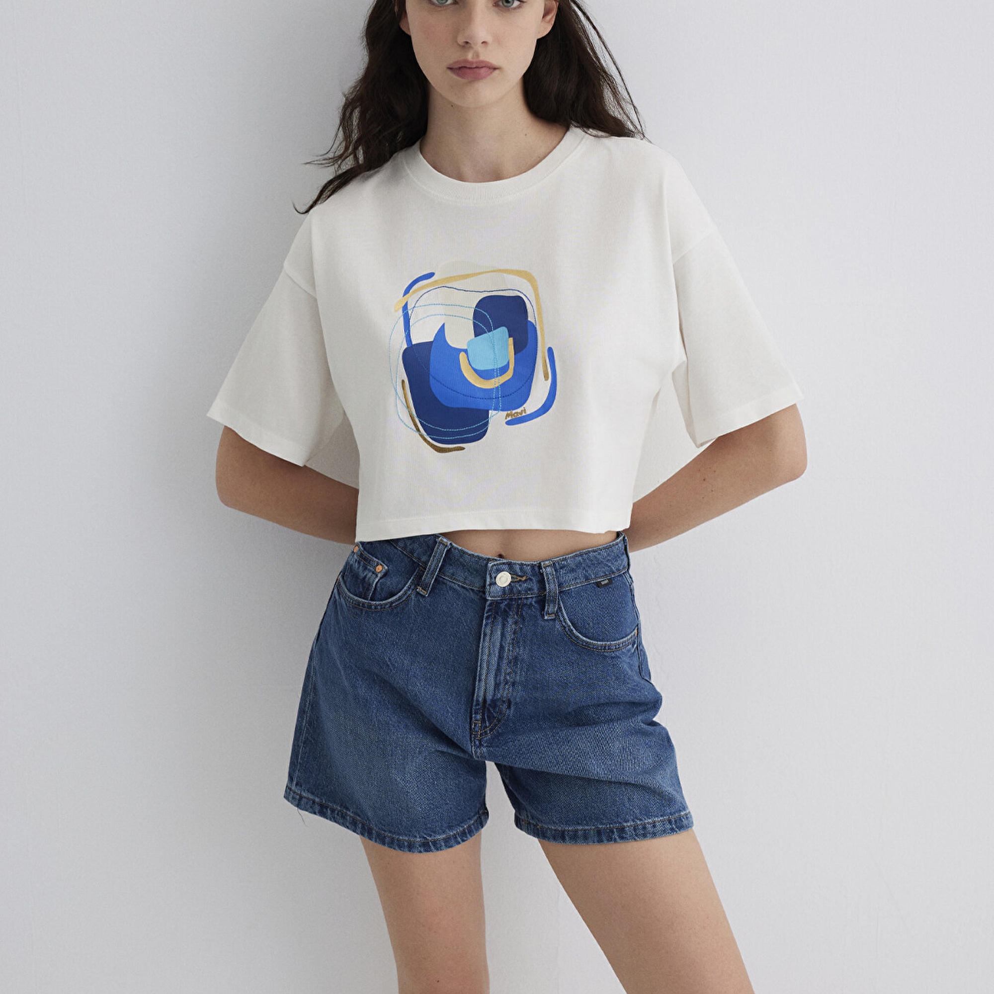 Mavi Nazar Boncuğu Baskılı Beyaz Tişört  1613446-70057