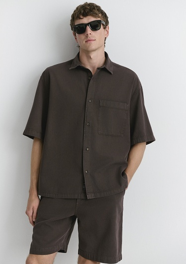  Mavi Kahverengi Keten Gömlek Oversize / Geniş Kesim 0211559-86683