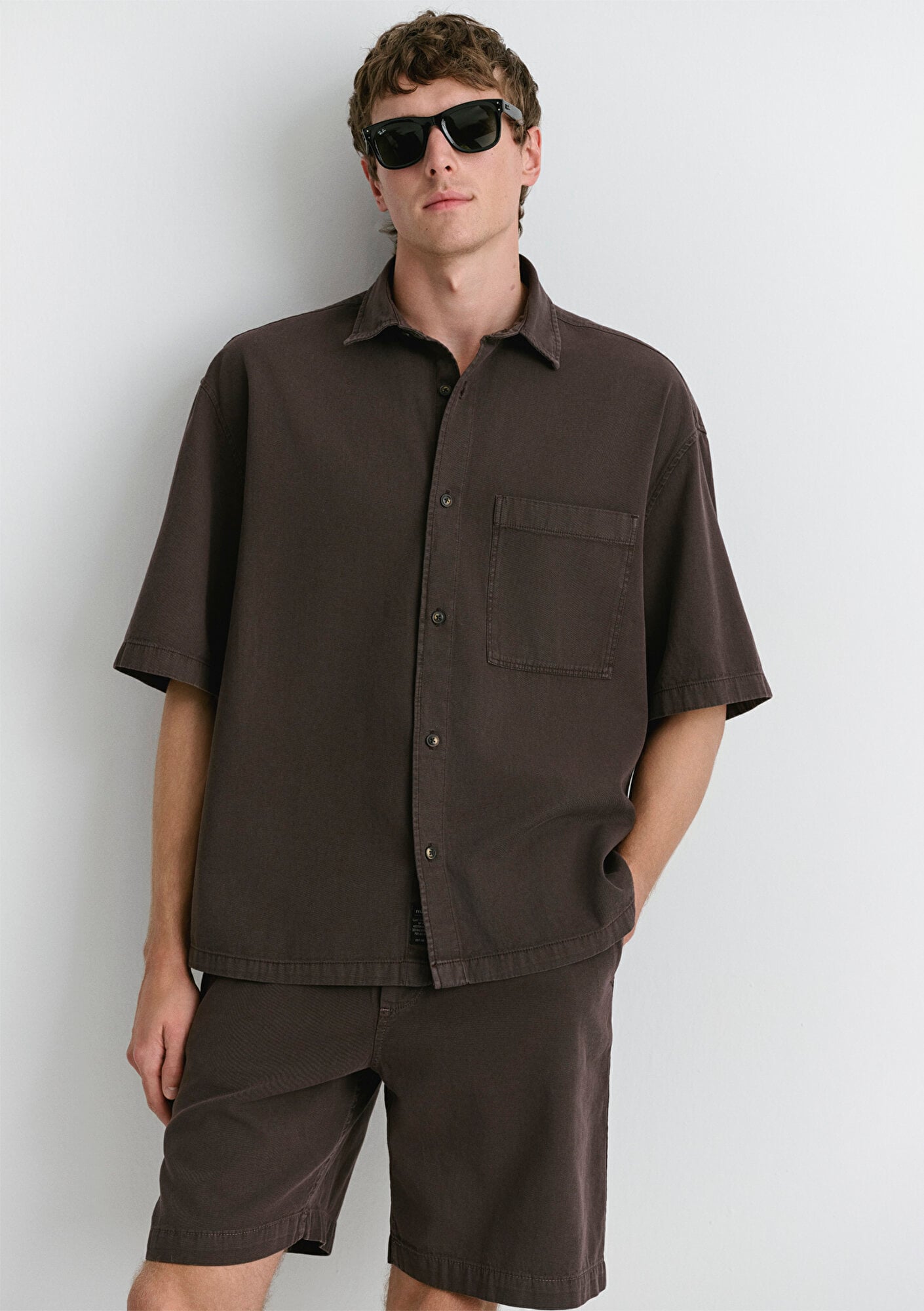  Mavi Kahverengi Keten Gömlek Oversize / Geniş Kesim 0211559-86683