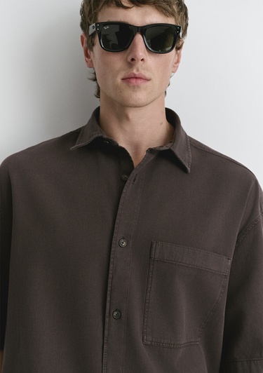  Mavi Kahverengi Keten Gömlek Oversize / Geniş Kesim 0211559-86683