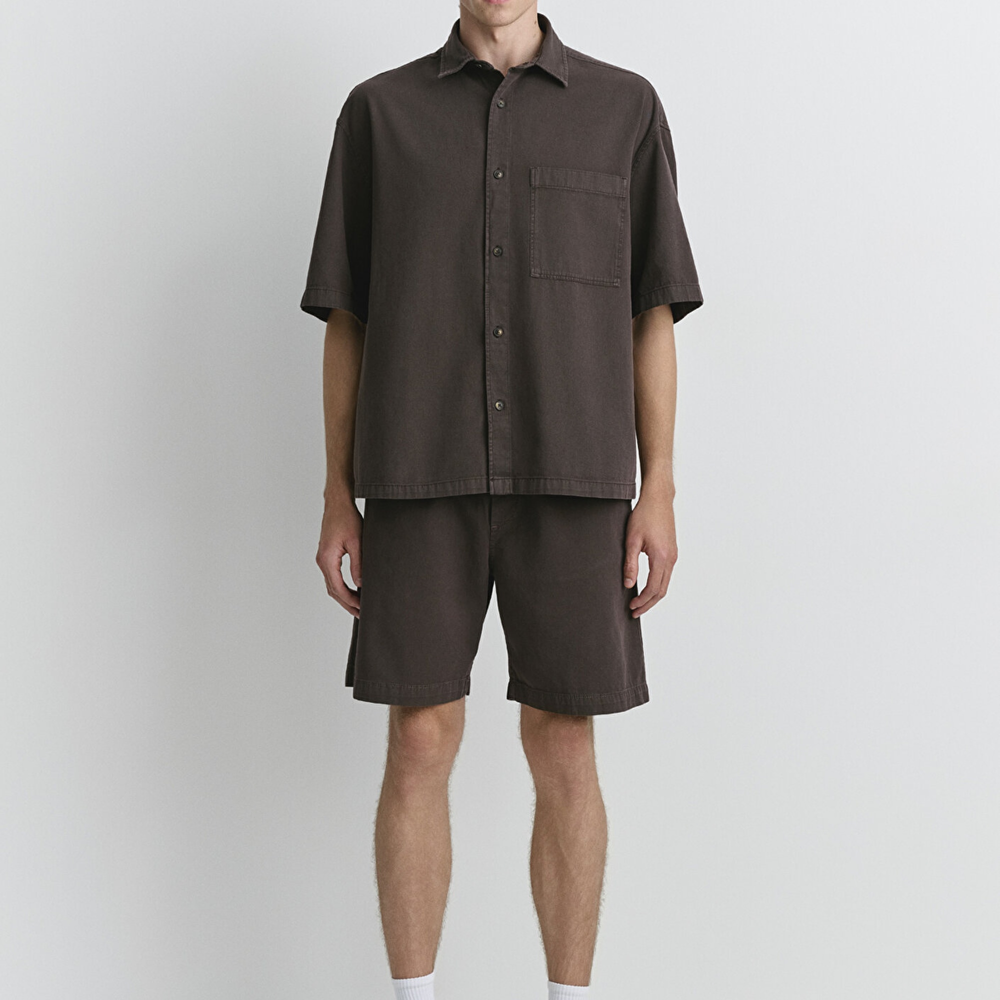 Mavi Kahverengi Keten Gömlek Oversize / Geniş Kesim 0211559-86683