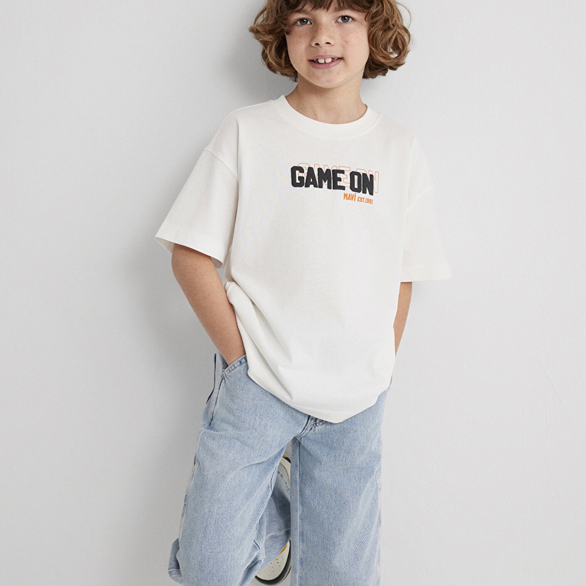 Mavi Baskılı Ekru Tişört Oversize / Geniş Kesim 6610354-70057