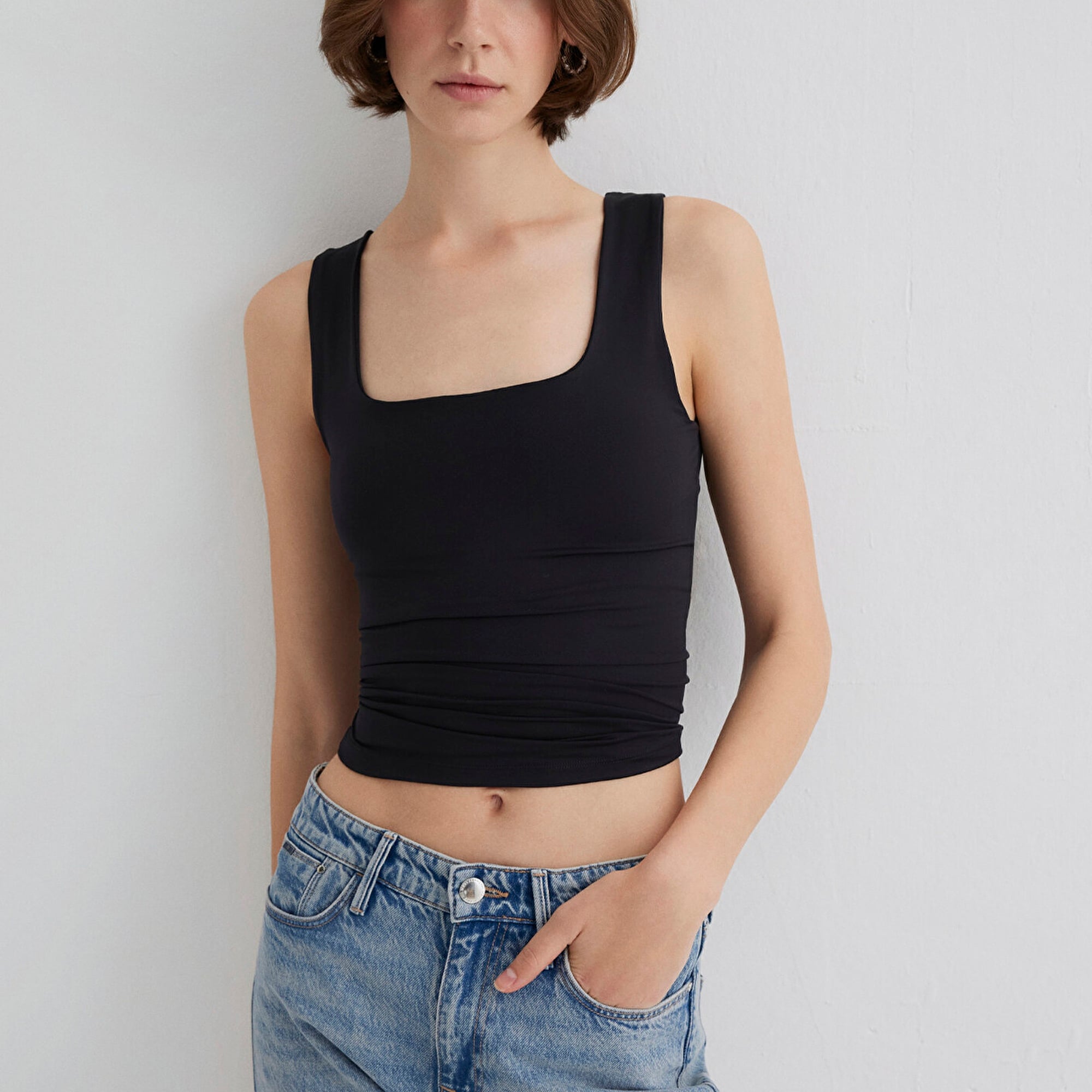 Mavi Kare Yaka Siyah Poliamid Atlet Fitted / Vücuda Oturan Kesim 1613498-900