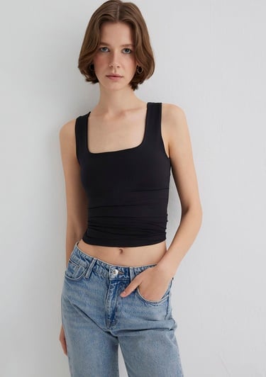  Mavi Kare Yaka Siyah Poliamid Atlet Fitted / Vücuda Oturan Kesim 1613498-900