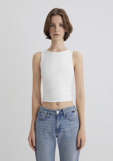  Mavi Kayık Yaka Beyaz Poliamid Top Fitted / Vücuda Oturan Kesim 1613497-70057