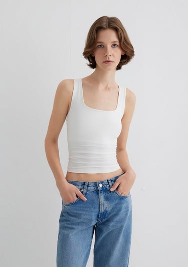  Mavi Kare Yaka Beyaz Poliamid Atlet Fitted / Vücuda Oturan Kesim 1613498-70057