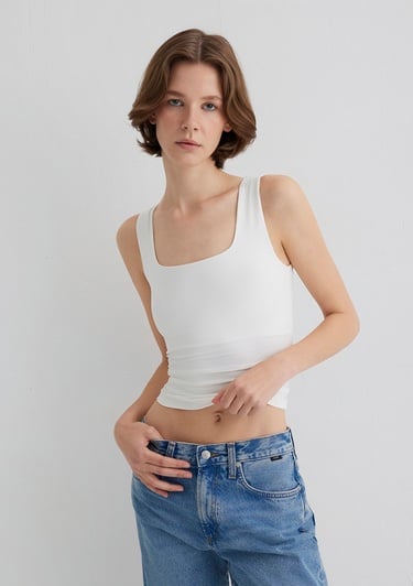  Mavi Kare Yaka Beyaz Poliamid Atlet Fitted / Vücuda Oturan Kesim 1613498-70057