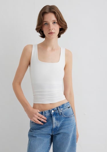  Mavi Kare Yaka Beyaz Poliamid Atlet Fitted / Vücuda Oturan Kesim 1613498-70057