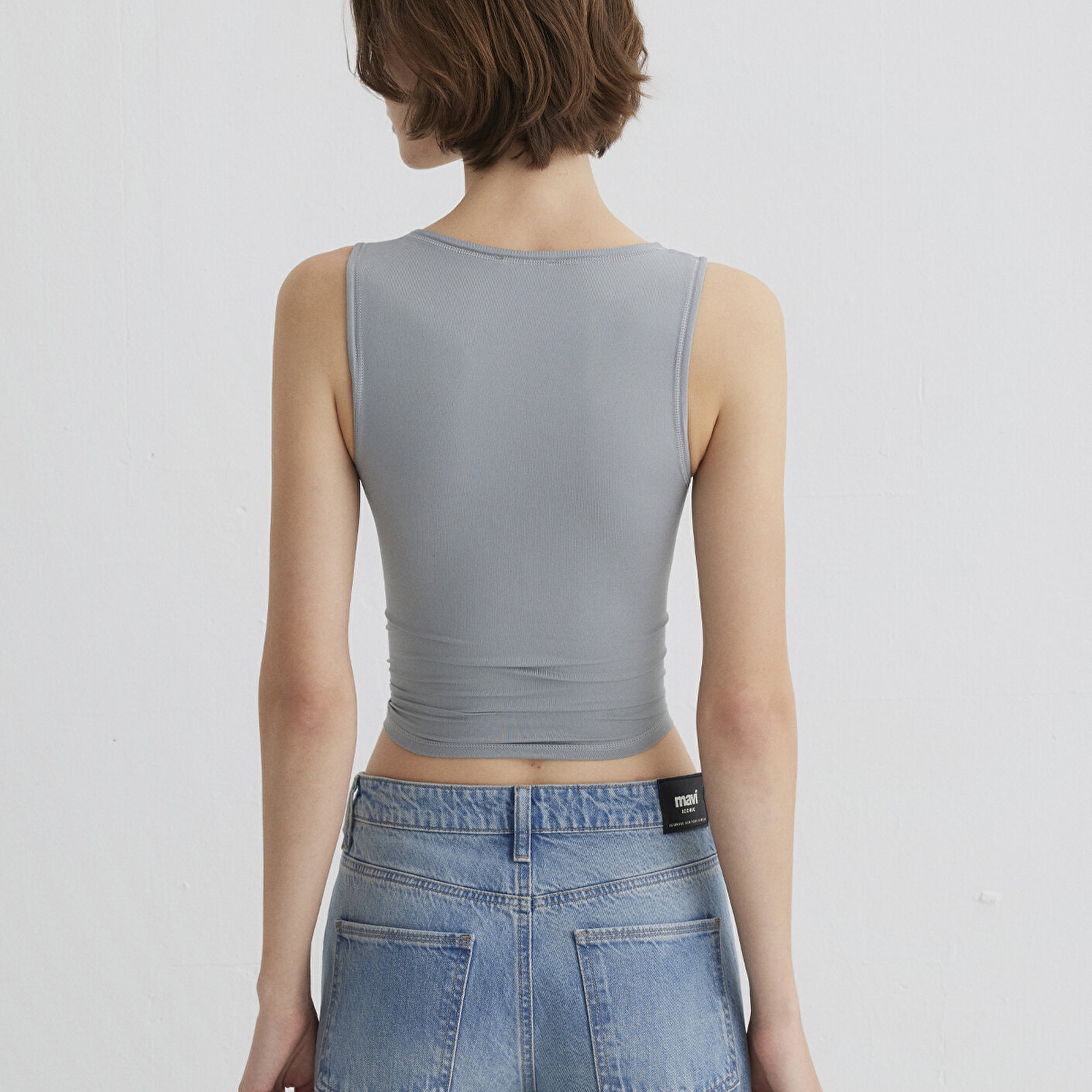 Mavi Halter Yaka Gri Poliamid Atlet Fitted / Vücuda Oturan Kesim 1613499-70098