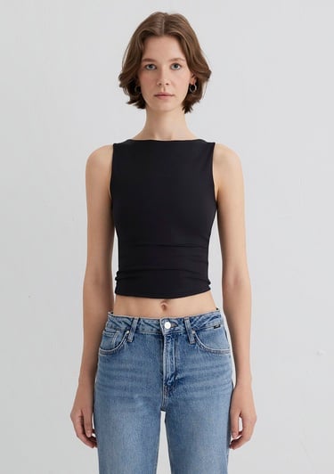  Mavi Kayık Yaka Siyah Poliamid Top Fitted / Vücuda Oturan Kesim 1613497-900