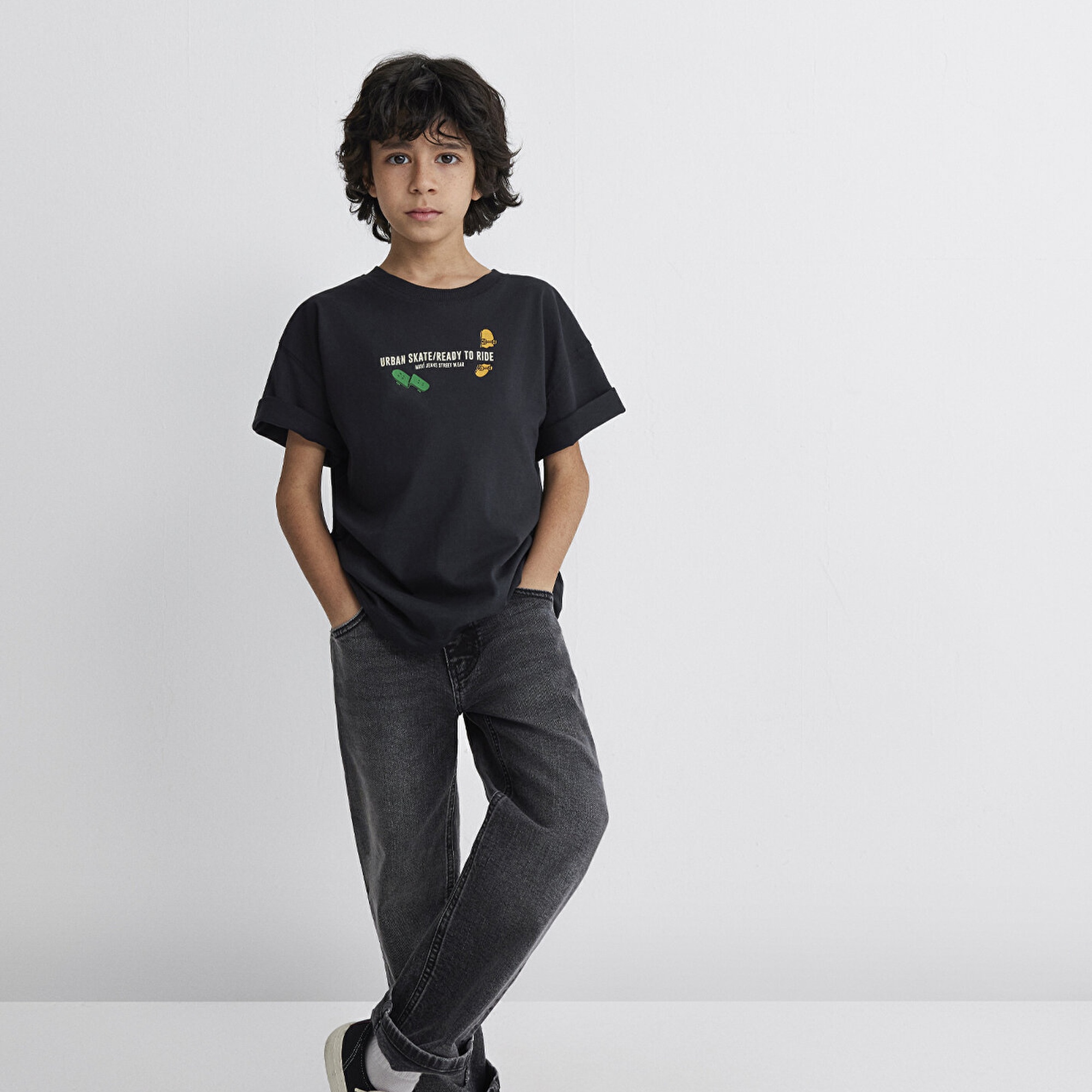 Mavi Baskılı Antrasit Tişört Oversize / Geniş Kesim 6610275-70087