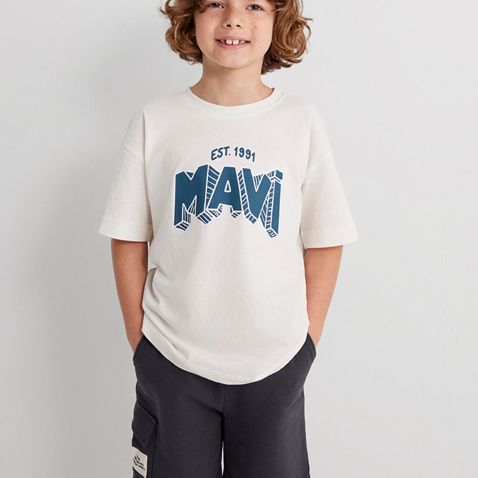 Mavi Mavi Baskılı Ekru Tişört Oversize / Geniş Kesim 6610339-70057