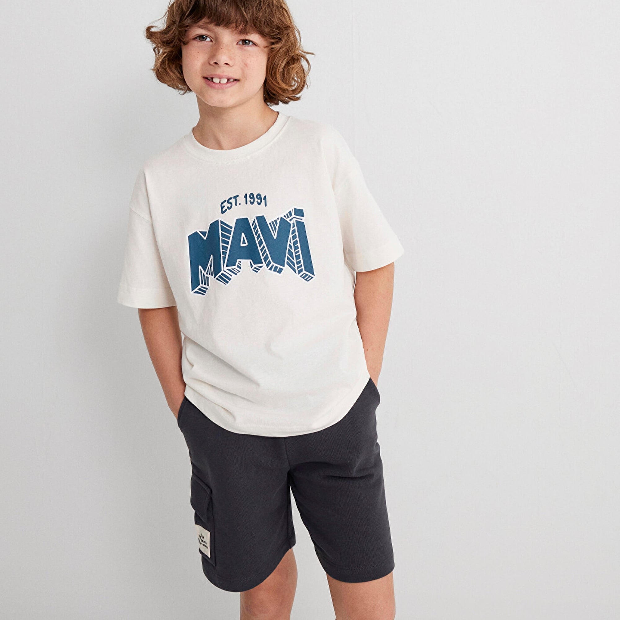 Mavi Mavi Baskılı Ekru Tişört Oversize / Geniş Kesim 6610339-70057