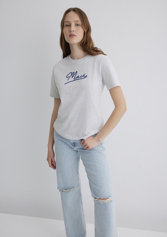  Mavi Mavi Nakışlı Gri Tişört Regular Fit / Normal Kesim 1612421-87033