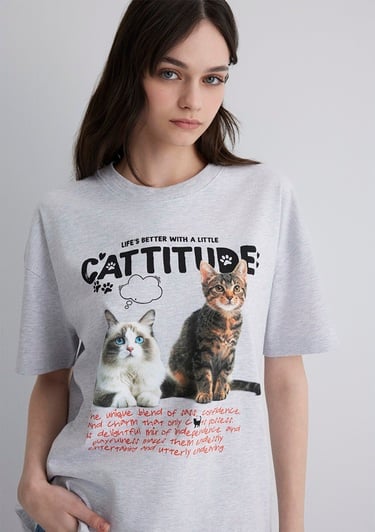  Mavi Kedi Baskılı Gri Tişört Loose Fit / Bol Rahat Kesim 1613097-88467