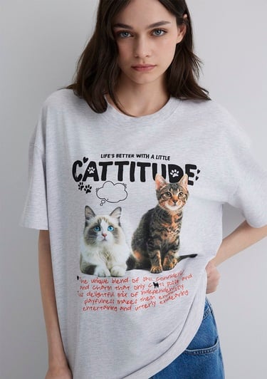  Mavi Kedi Baskılı Gri Tişört Loose Fit / Bol Rahat Kesim 1613097-88467