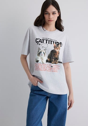  Mavi Kedi Baskılı Gri Tişört Loose Fit / Bol Rahat Kesim 1613097-88467