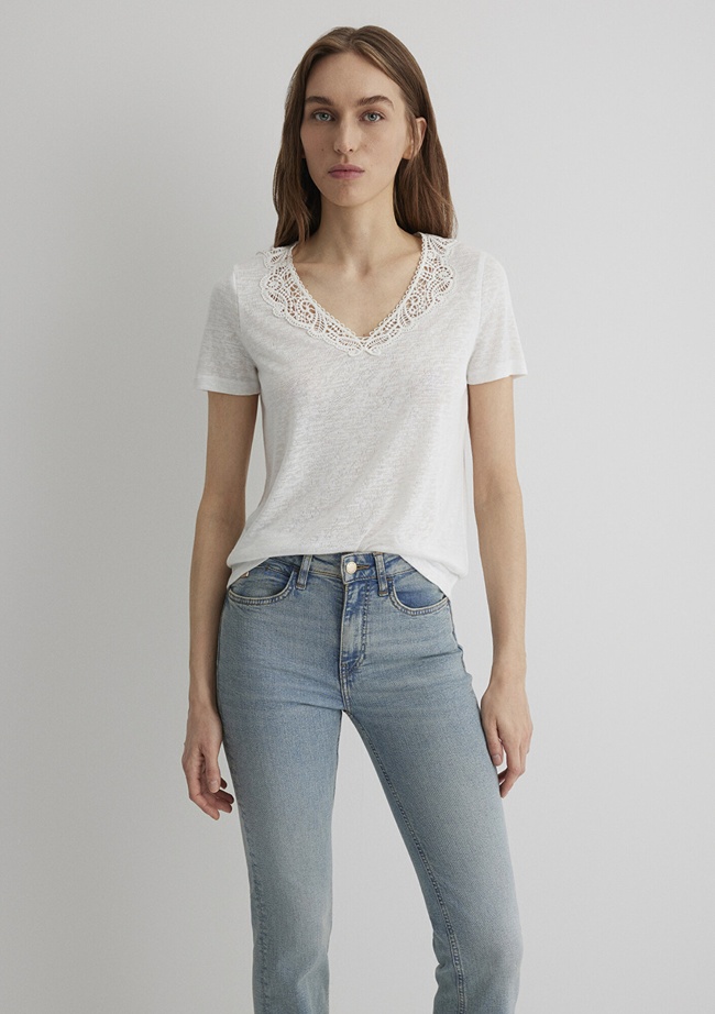  Mavi Dantel Detaylı Beyaz Tişört Slim Fit / Dar Kesim 1612752-70057